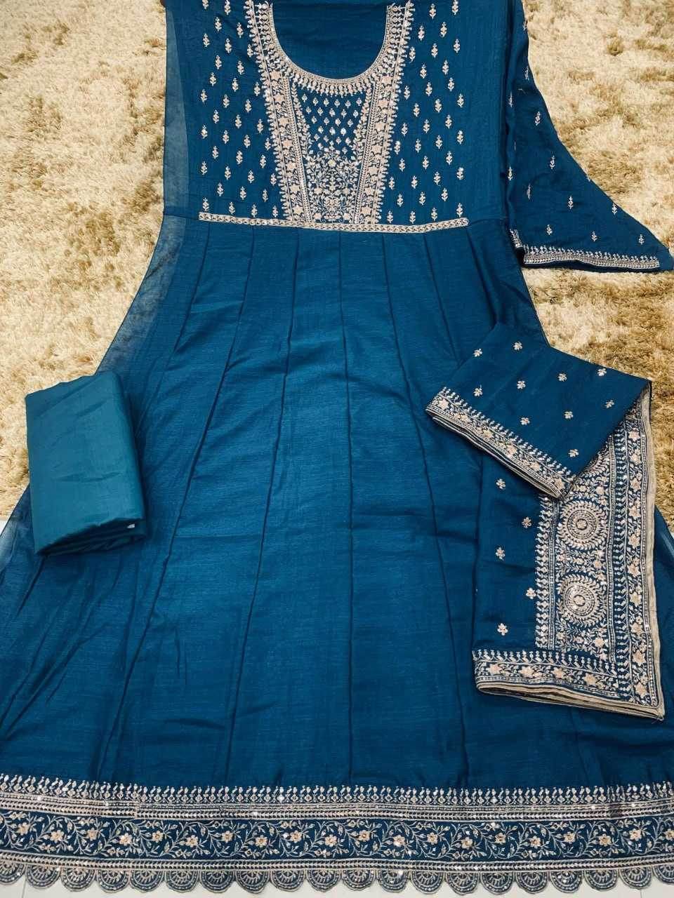 Vichitra Silk Embroidery Gowns Anarkali Long Gowns Sequin Gown - MYLUXURY LANE ENTERPRISE
